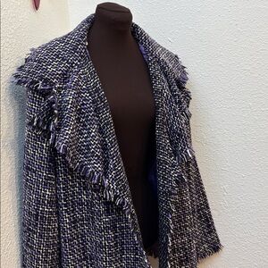 Vintage 1990’s Dialogue tweed and fringe purple white and black cardigan Size 1X